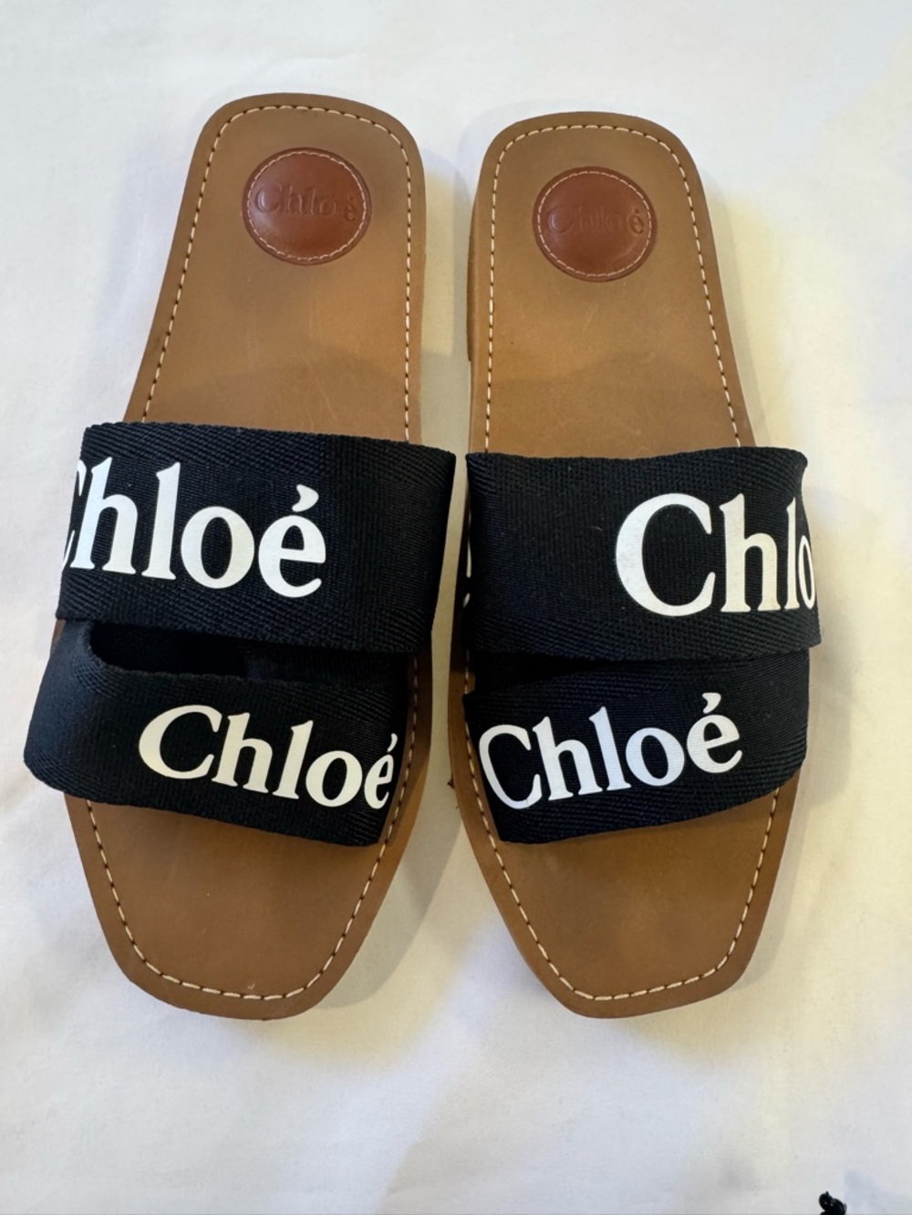 Chloé Brown Leather Slide Sandals with Black fabric Logo Straps
